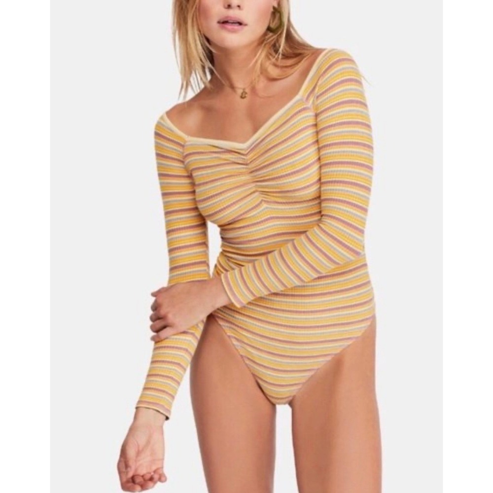 Intimately Free People Striped Ribbed Sweetheart Long Sleeve Bodysuit Yellow L